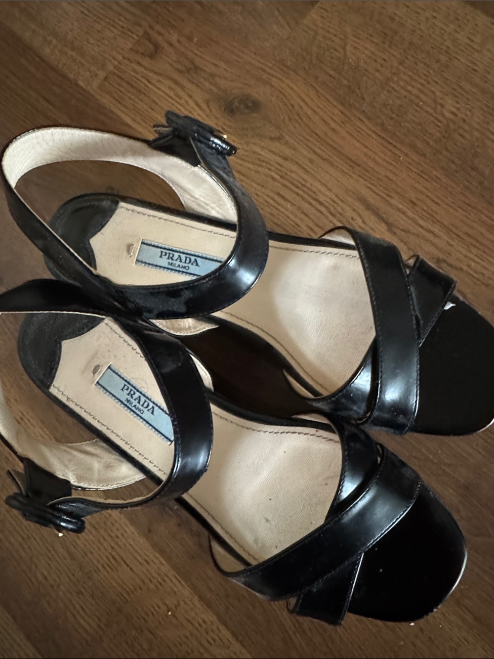 Prada Black Patent Leather Strappy Heeled Sandals